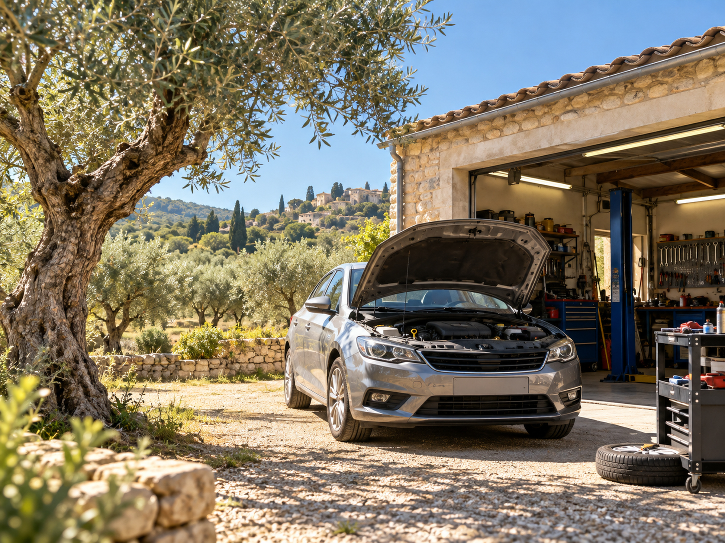 petit garage parmi des oliviers, soleil provençal, voiture capot ouvert